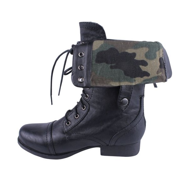 NWOT Faux Leather Camo Lace Moto Combat Boots - Picture 2 of 11